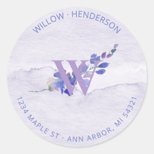 Purple Monogram Watercolor Return Address Classic Round Sticker