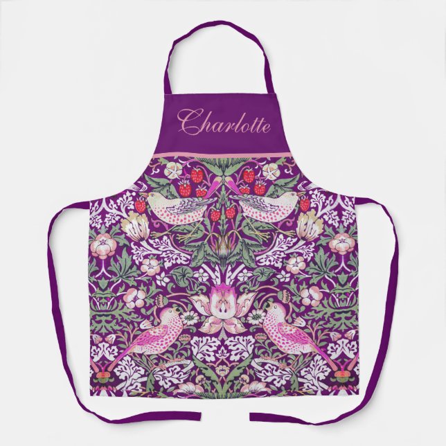 Purple Monogram William Morris Strawberry Thief Apron (Front)