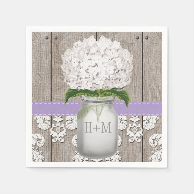 Purple Monogrammed White Hydrangea Mason Jar Napkin (Front)