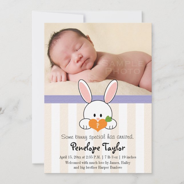 PURPLE MONOGRAMMMEE BUNNY RABBIT FAIRE-PART DE NAI (Devant)