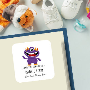 Purple Monster Baby Toddler Personalized Bookplate Square Sticker