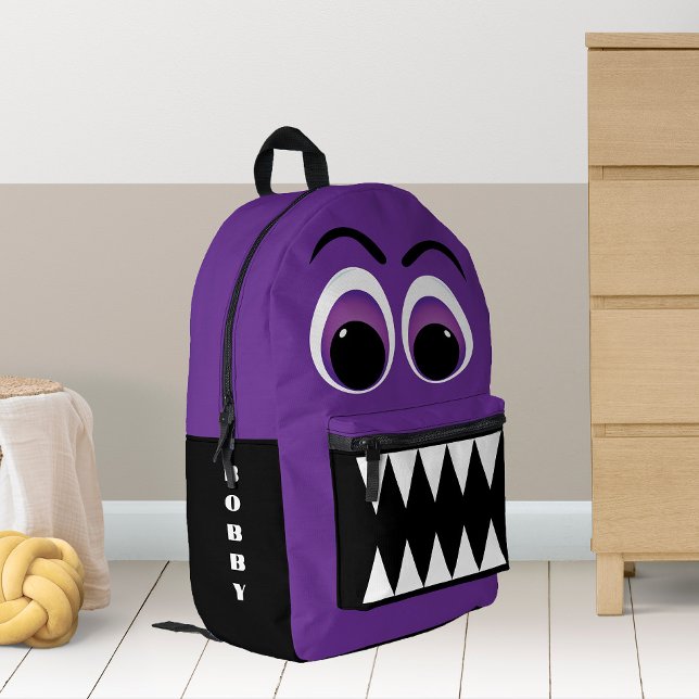 Purple Monster Big Eyes and Sharp Teeth Printed Backpack (Creator Uploaded)
