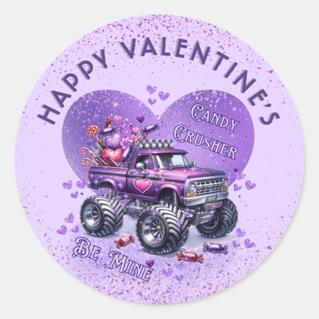 Purple Monster Truck Candy Crusher Be Mine Classic Round Sticker (Front)