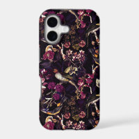 Purple Moody Floral Antique Birds Pattern