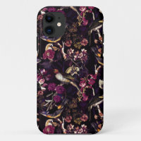 Purple Moody Floral Antique Birds Pattern