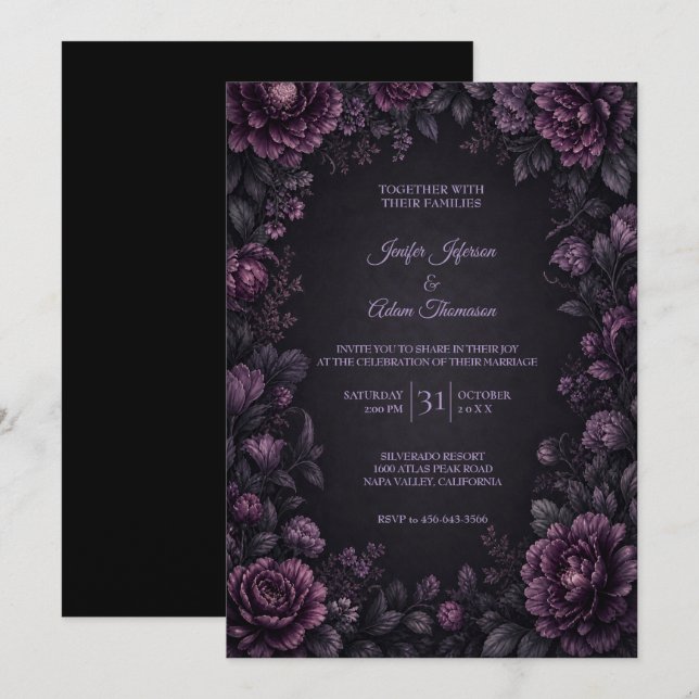 Purple Moody Flowers Wedding Invitation (Front/Back)