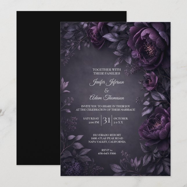 Purple Moody Flowers Wedding Invitation (Front/Back)