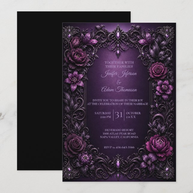 Purple Moody Flowers Wedding Invitation (Front/Back)