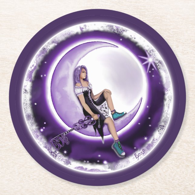 Purple moon child round paper coaster (Front)