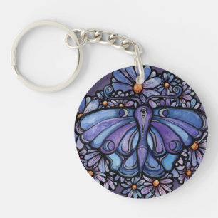 Purple Moon Moth Daisies Keychain