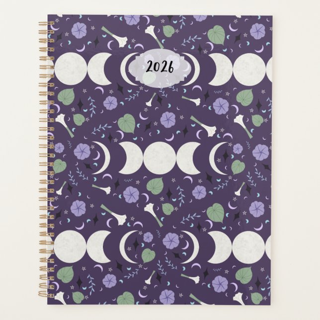 Purple Moon Phase Floral Pattern 2026 Planner (Devant)