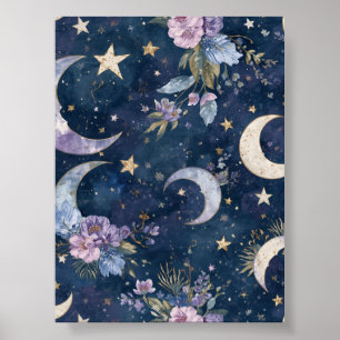 Purple Moonlit Garden Wall Art   Celestial Moon 