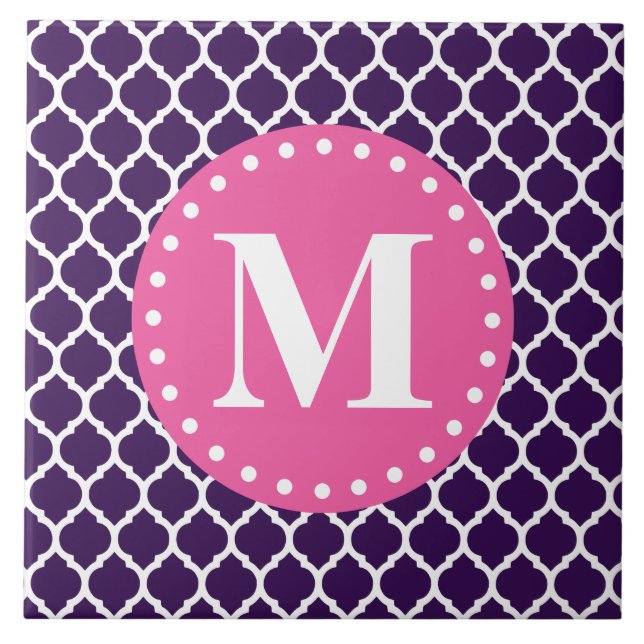 Purple Moroccan Lattice Pink Monogram Tile (Front)