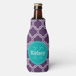 Purple Moroccan Tile Pattern Teal Monogram Bottle Cooler