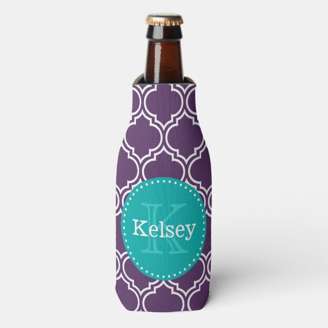 Purple Moroccan Tile Pattern Teal Monogram Bottle Cooler (Bottle Front)