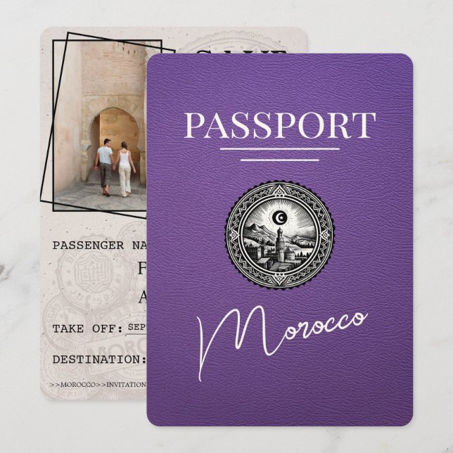 Purple Morocco Passport Save The Date (Front/Back)
