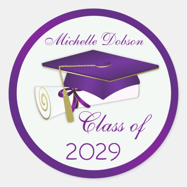 Purple mortar, diploma Graduation Classic Round Sticker (Front)