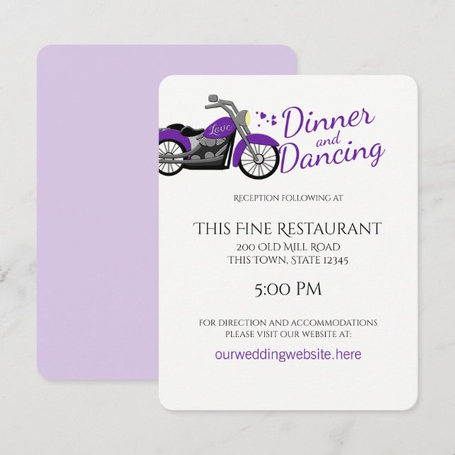 Purple Motorcycle and Hearts Wedding Reception Invitation (Front/Back)