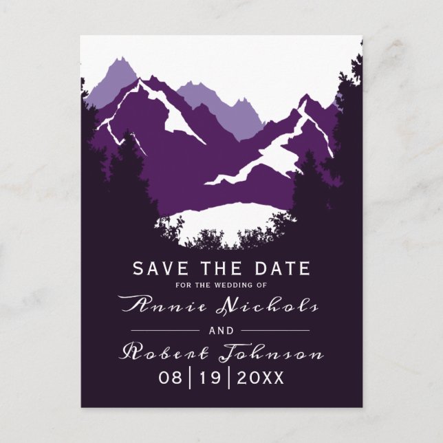 Purple mountain winter wedding Save the Date Announcement Postcard (Front)