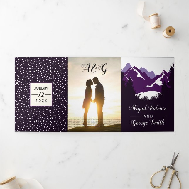 Purple mountains and trees photo winter wedding Tri-Fold invitation (Outside)