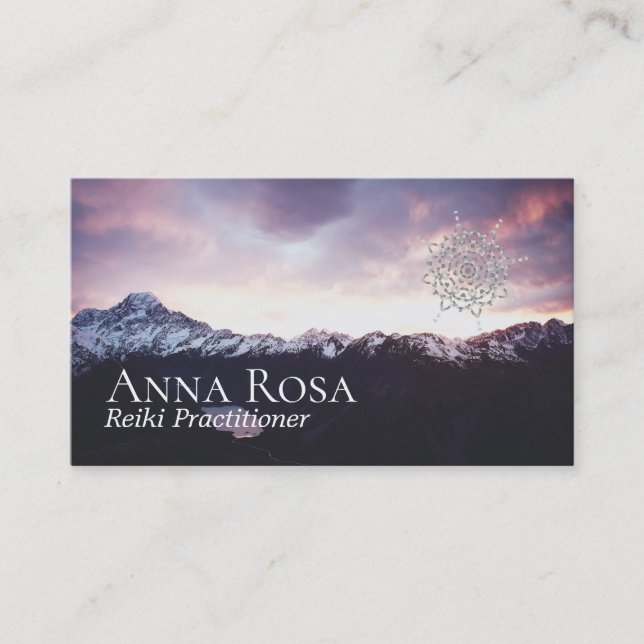 *~* Purple Mountains Pink & Lavender Sky Mandala Business Card (Front)