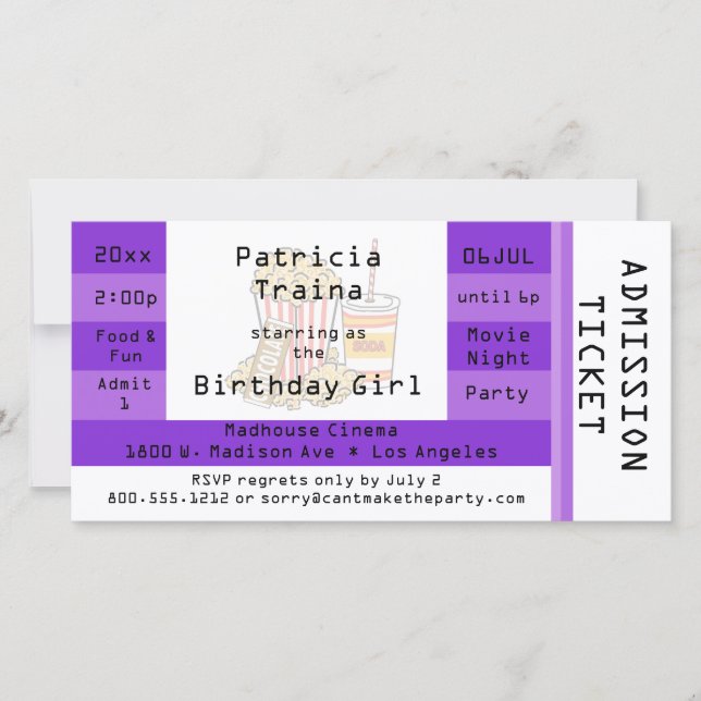 Purple Movie Night Party Admission Ticket Invite (Front)