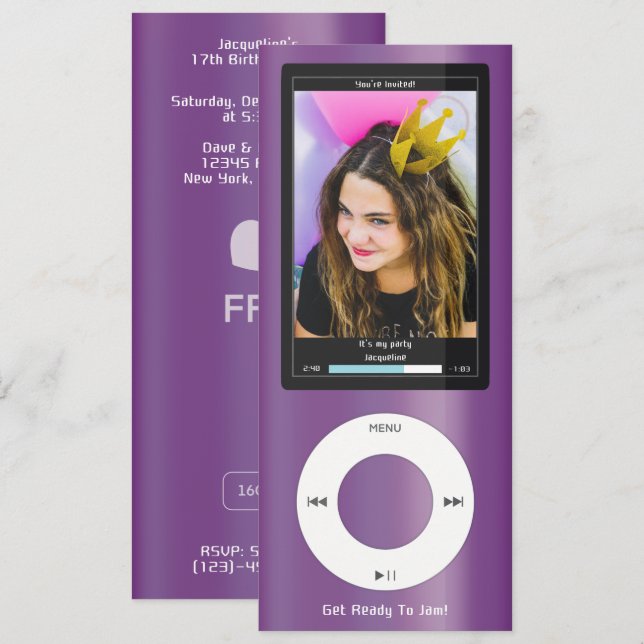Purple MP3 Music Player II Birthday Invitation (Front/Back)