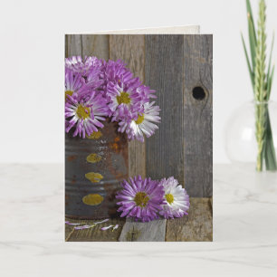 purple mums in rusted tin can card