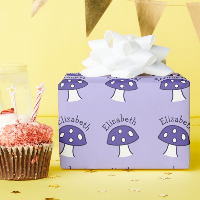 Purple Mushroom Name Wrapping Paper (Birthday Party)
