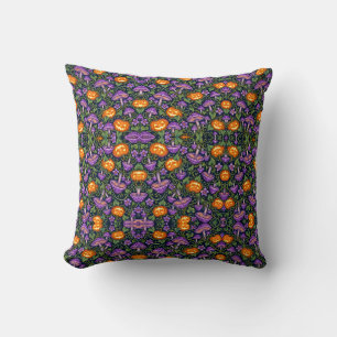 Purple Mushrooms Pumpkin Garden Halloween Throw Pillow
