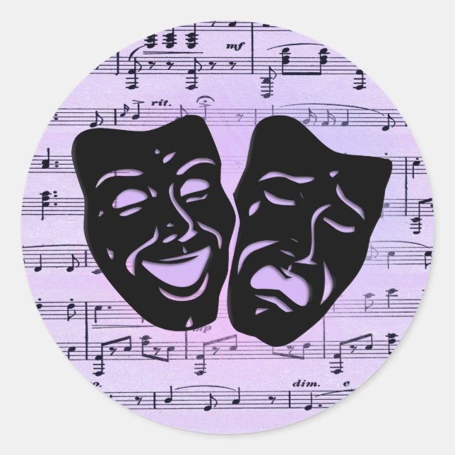Purple Music and Theatre Masks Classic Round Sticker (Front)