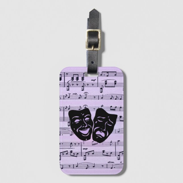 Purple Music and Theatre Masks Luggage Tag (Front Vertical)