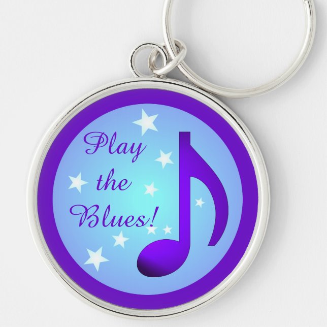 Purple Music Note Blue Circle Stars Play the Blues Keychain (Front)