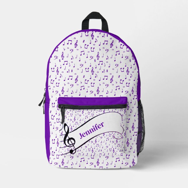 Purple music theme personalized printed backpack (Front)