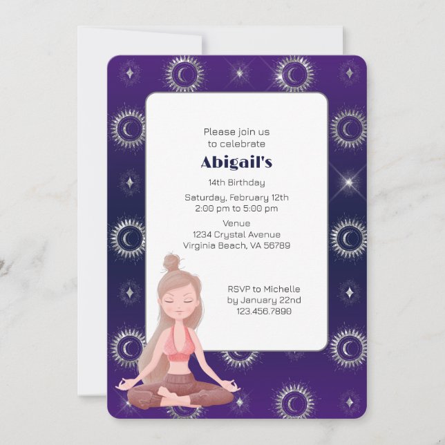Purple Mystical Sun and Moon Meditation Birthday Invitation (Front)