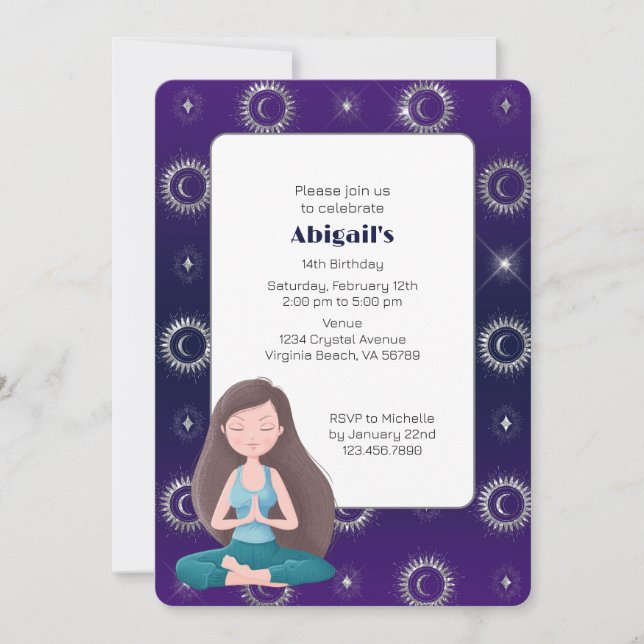Purple Mystical Sun and Moon Meditation Birthday Invitation (Front)