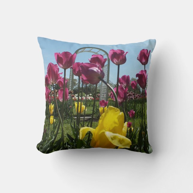 Purple N Yellow Garden Tulips Throw Pillow (Front)