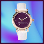 Purple Name Classy Glam Rose Gold White Band Wrist Watch<br><div class="desc">This elegant stylish glam rose gold womens wrist watch is decorated with an aubergine purple background, white band, and personalized with your name. You can easily change the name and delete the white number lines if desired. What a wonderful modern gift for a bridesmaid, maid of honour, graduation, mother's day,...</div>