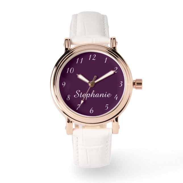Purple Name Classy Glam Rose Gold White Band Wrist Watch (Front)