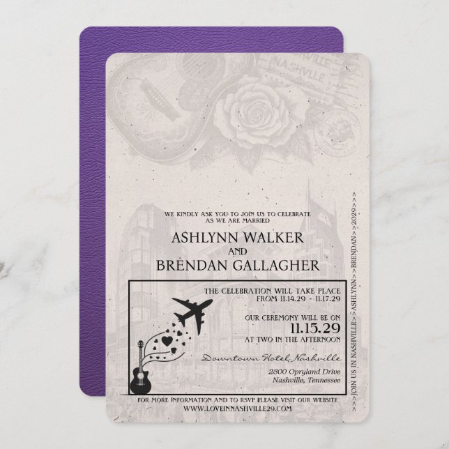 Purple Nashville Passport Wedding Invitation (Front/Back)