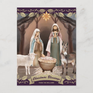 Purple Nativity Scene Christian Christmas Holiday Postcard