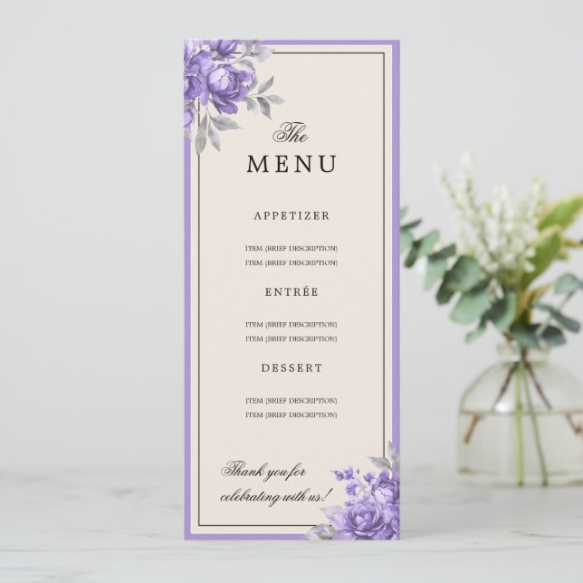 Purple Natural Rustic Floral Wedding Menu  Invitation (Standing Front)