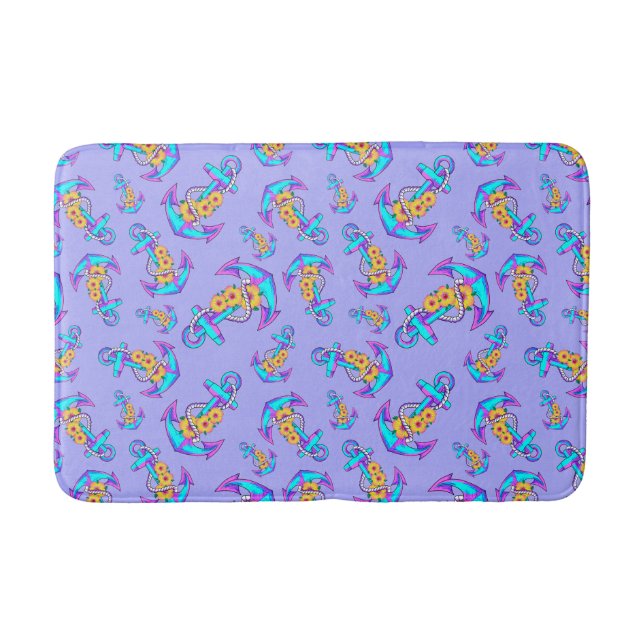Purple Nautical Anchor  Coastal Beach Bath Mat (Front)