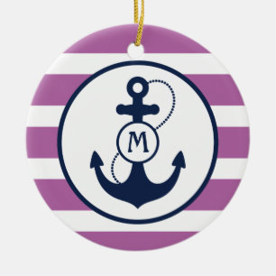 Purple Nautical Anchor Monogram Ceramic Ornament
