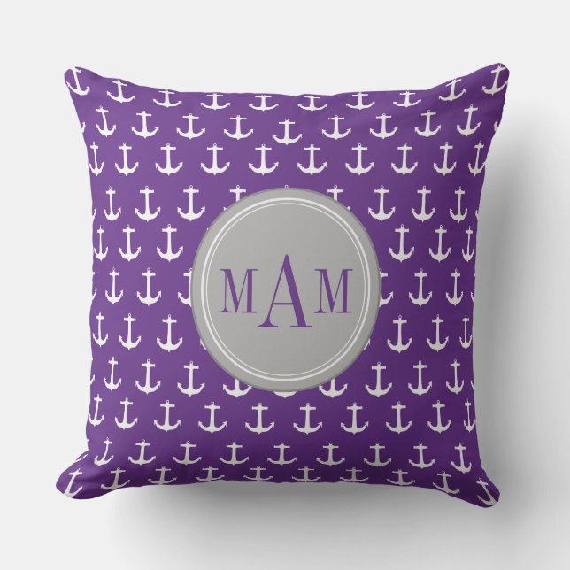 Purple Nautical Anchor Print Monogram Throw Pillow (Front)