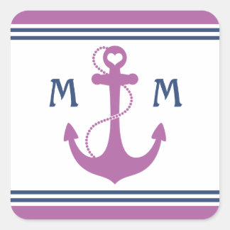 Purple Nautical Heart Anchor Monogram Square Sticker