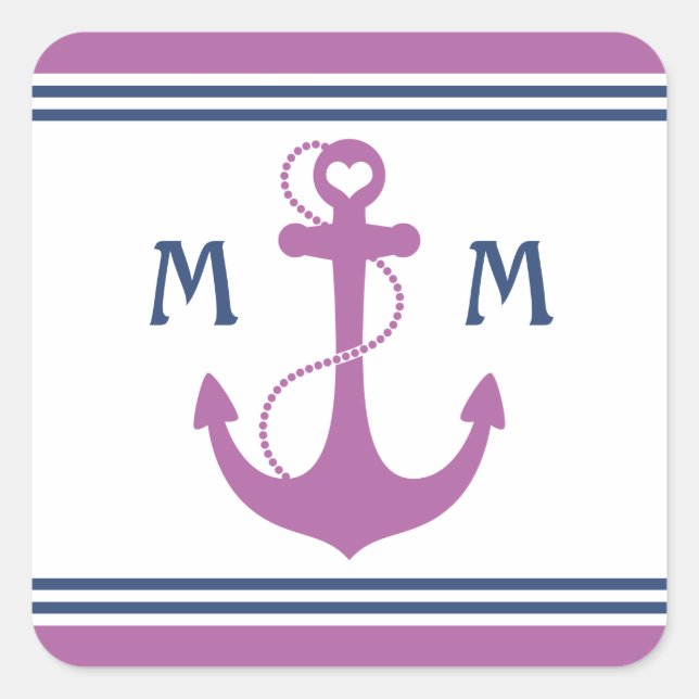 Purple Nautical Heart Anchor Monogram Square Sticker (Front)
