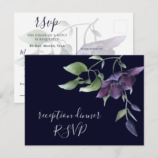 Purple Navy Blue Floral Dark Reception Dinner RSVP Invitation Postcard (Front/Back)