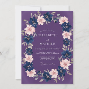 Purple Navy Blush Floral Watercolor Wedding Invitation
