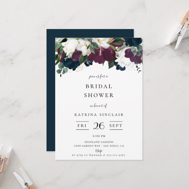 Purple Navy Floral Bridal Shower Invitation (Front/Back In Situ)